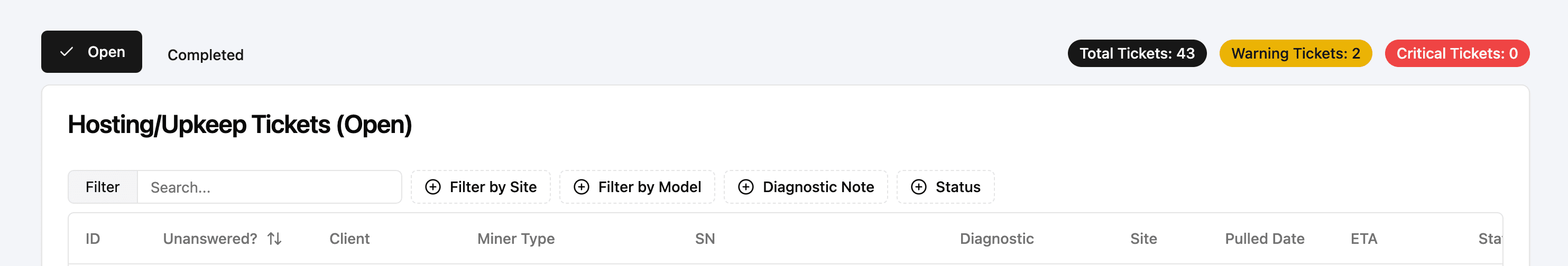 Hosting Ticket Filter Preview